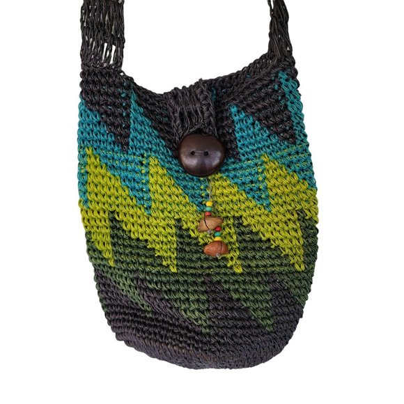 Colombian Handcrafted Raffia Crossbody Bag Navy Turquoise Green - Picture 2 of 8
